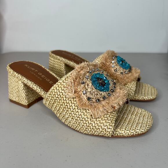 Kurt Geiger Heel Evil Eye Raffia Block Heel Slide Sandals Size 37/US 7 - Picture 2 of 9